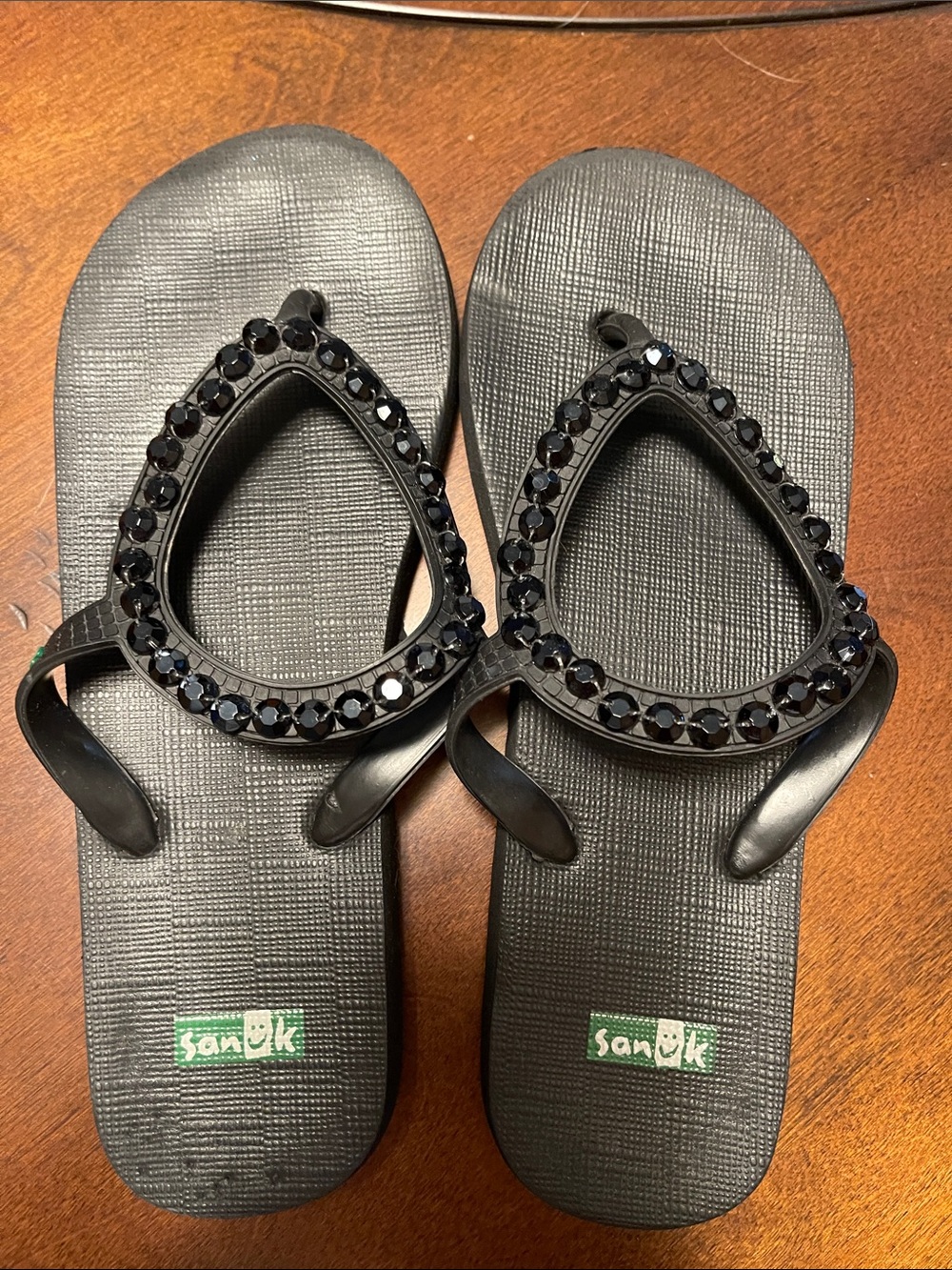 Sanuk Black Jeweled Teardrop Flip Flops